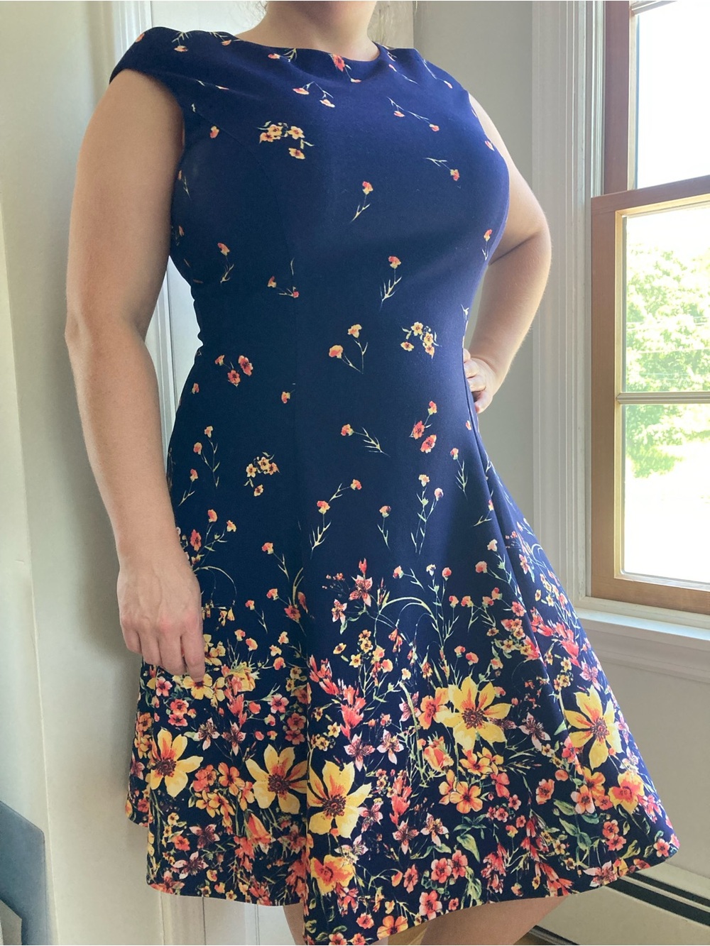 London Times Navy Floral Fit-and-Flare Dress
